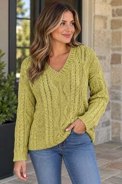 Aran Crafts Ireland Women’s Cotton Blend Green Yellow V Neck Sweater Size Small